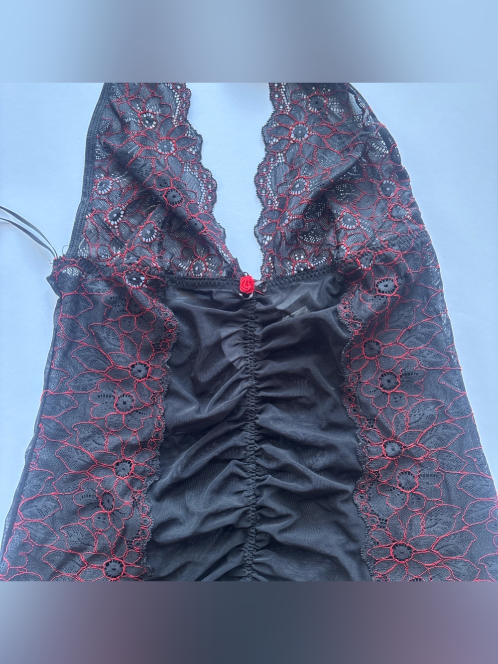 Black Lace Chemise with Red Embroidery